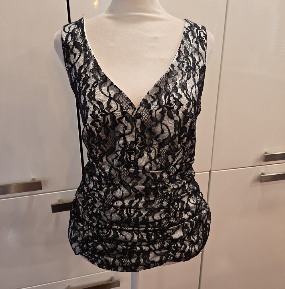 Lace Overlay Ruched Sleeveless V-Neck Cami Top Feminine Fairycore Womens Medium